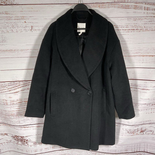 Avec Les Filles Black Poly Shawl Collar Double Breasted Peacoat Jacket - Size L