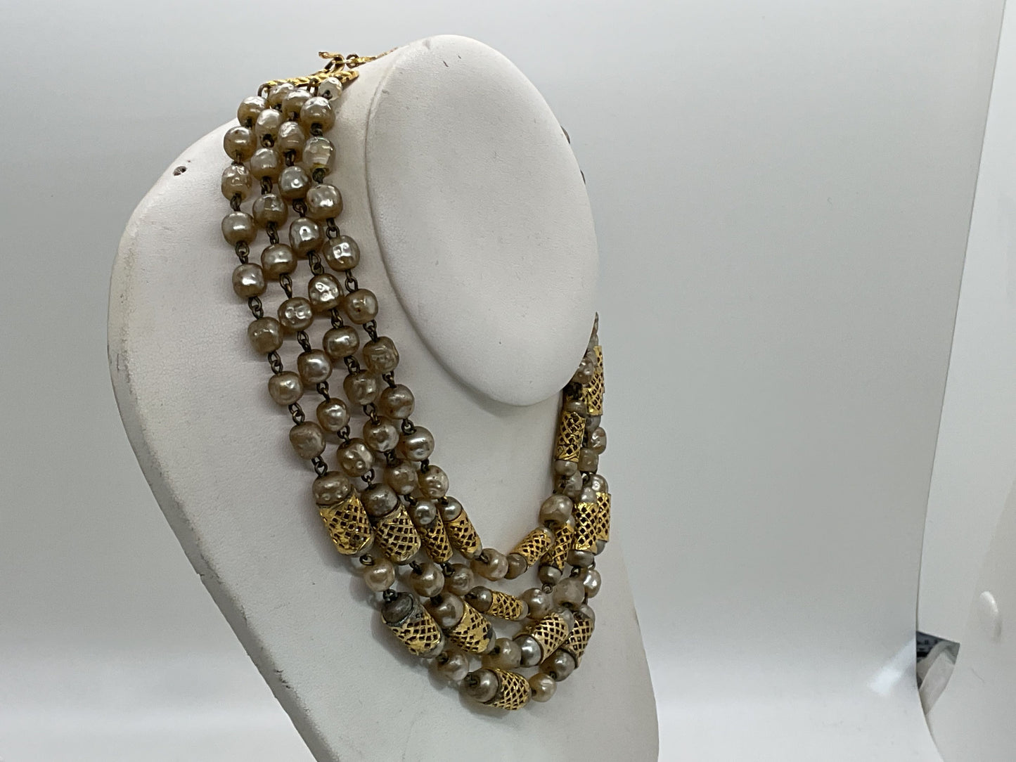 VTG. FREIRICH Gold Tone & Faux Pearl 3-Strand Necklace- 16"
