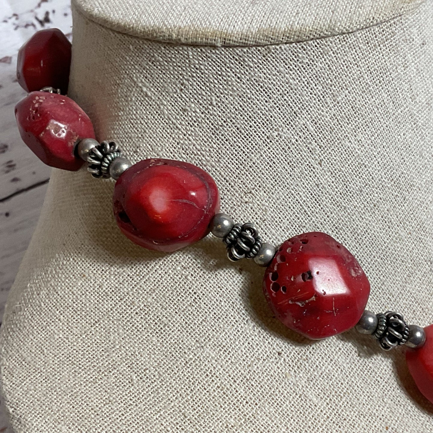 Sterling Silver Beaded Bold Chunky Red Coral Necklace- 24"