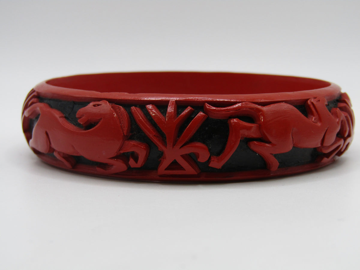 Artisan Handcrafted Carved Galloping Horses Cinnabar Lacquer Bangle Bracelet