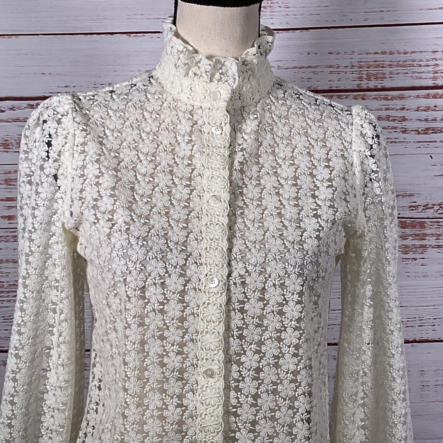 SEZANE Women's White Floral Lace Funnel Neck Long Sleeve Button-Up Blouse- SZ 34