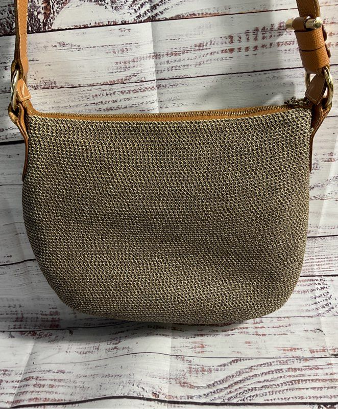 Eric Javits Women's Straw Woven Squishee Leather Strap Crossbody Bag