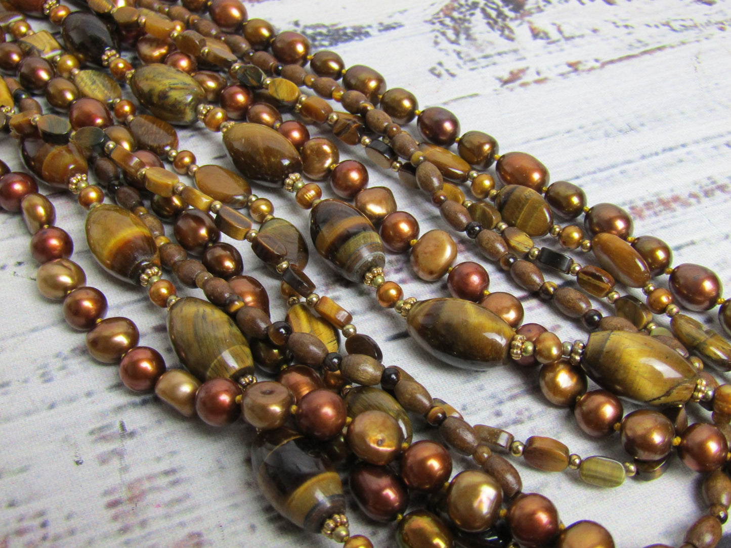 Coldwater Creek Multi-Strand Freshwater Pearl Tiger's Eye Beaded Necklace