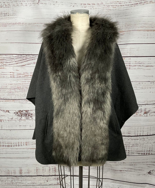Love Token Charcoal 95% Polyester Faux Fur Lined Poncho - Size Small NWT