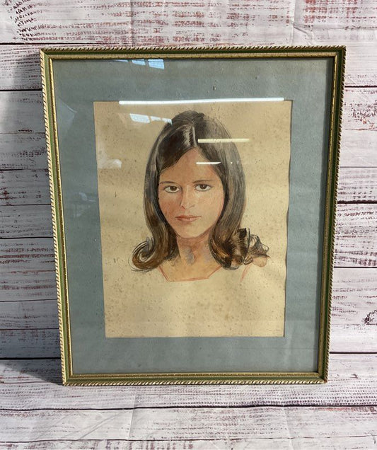 Vintage Watercolor/ Color Pencil Portrait of Women Signed Lowen Framed