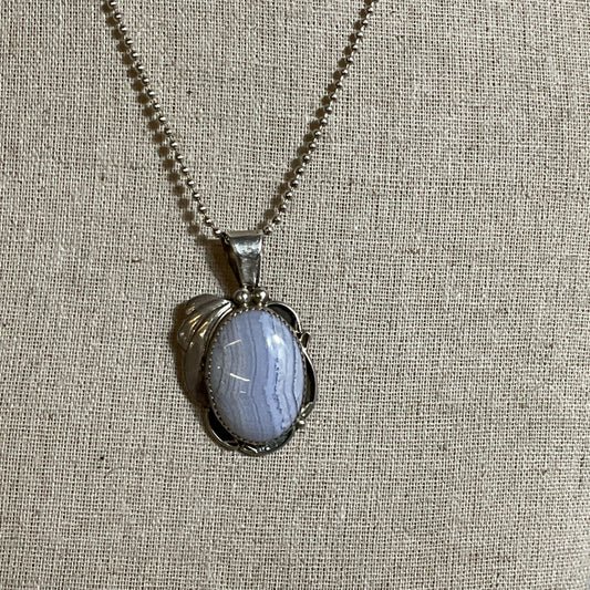 BBT Sterling Silver & Blue Lace Agate Oval Pendant 36" Chain Necklace- 19.13g