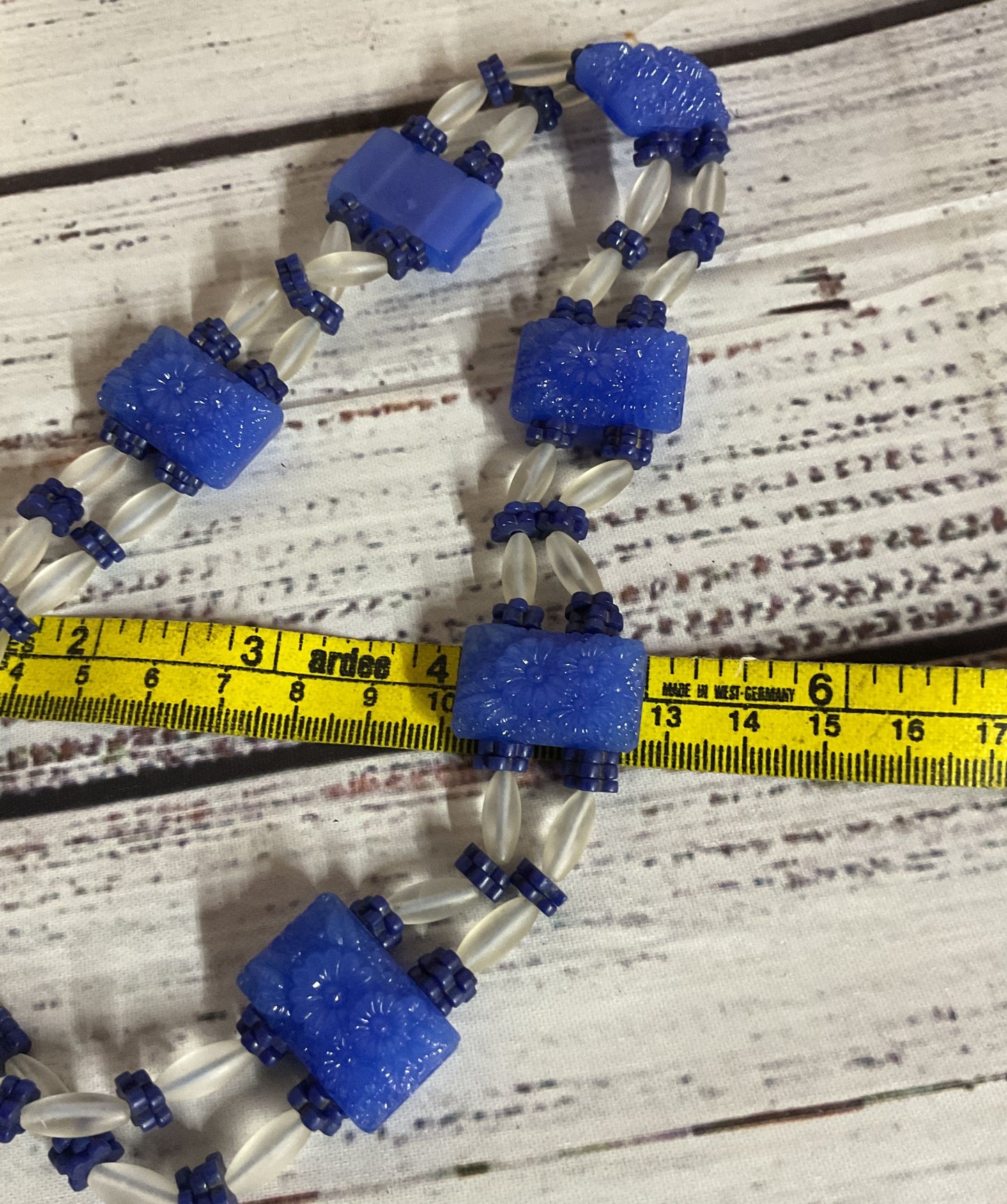 Carved Blue Glass Beaded Necklace Silver Clasp