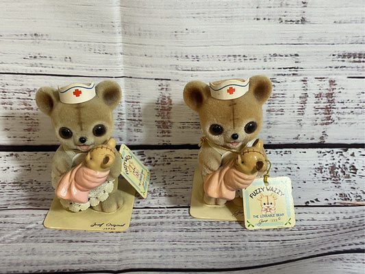 VTG. GEORGE GOOD Fuzzy Wazzy Flocked Nurse Teddy Bears- SET OF 2