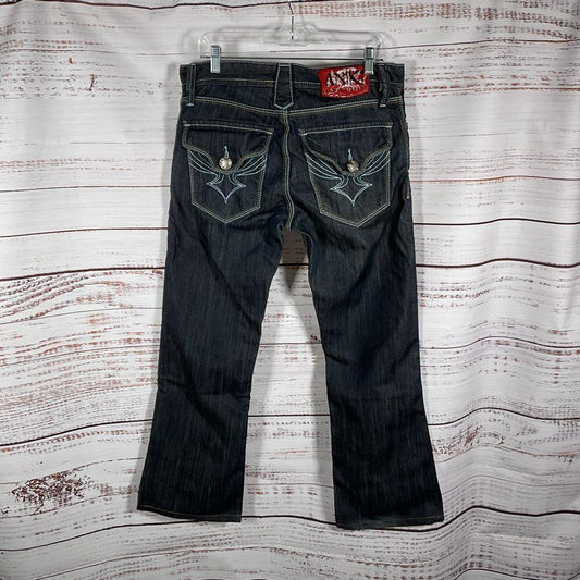 Aniki Raw & Elegant Dark Wash Distressed Embroidered Jeans - Size 32/28