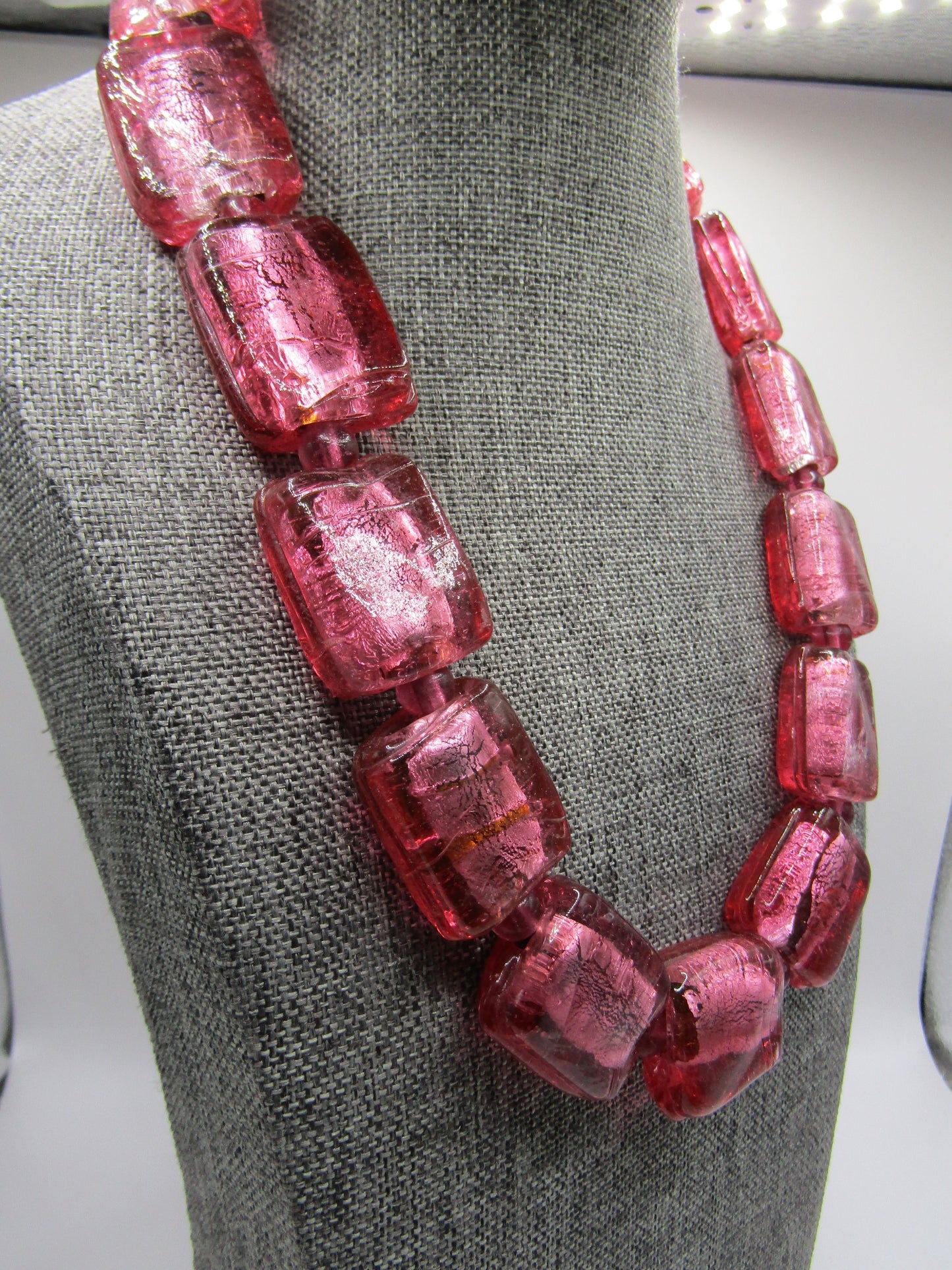 Vintage Artisan Handcrafted Silver Fleck Pink Glass Necklace