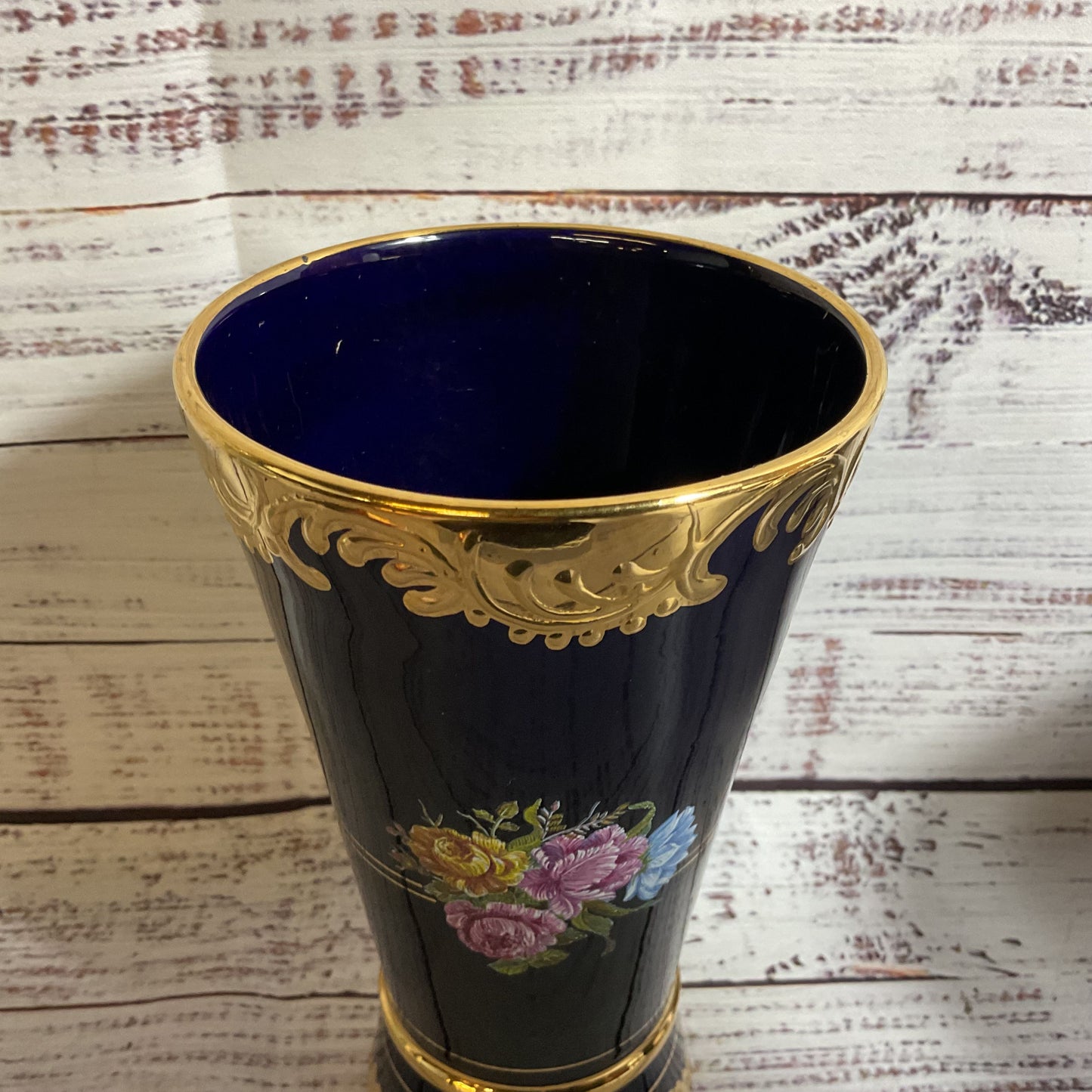 SPYROPOULOS Cobalt Blue 24K Gold Floral Porcelain Vase- 7"