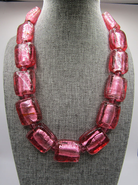 Vintage Artisan Handcrafted Silver Fleck Pink Glass Necklace
