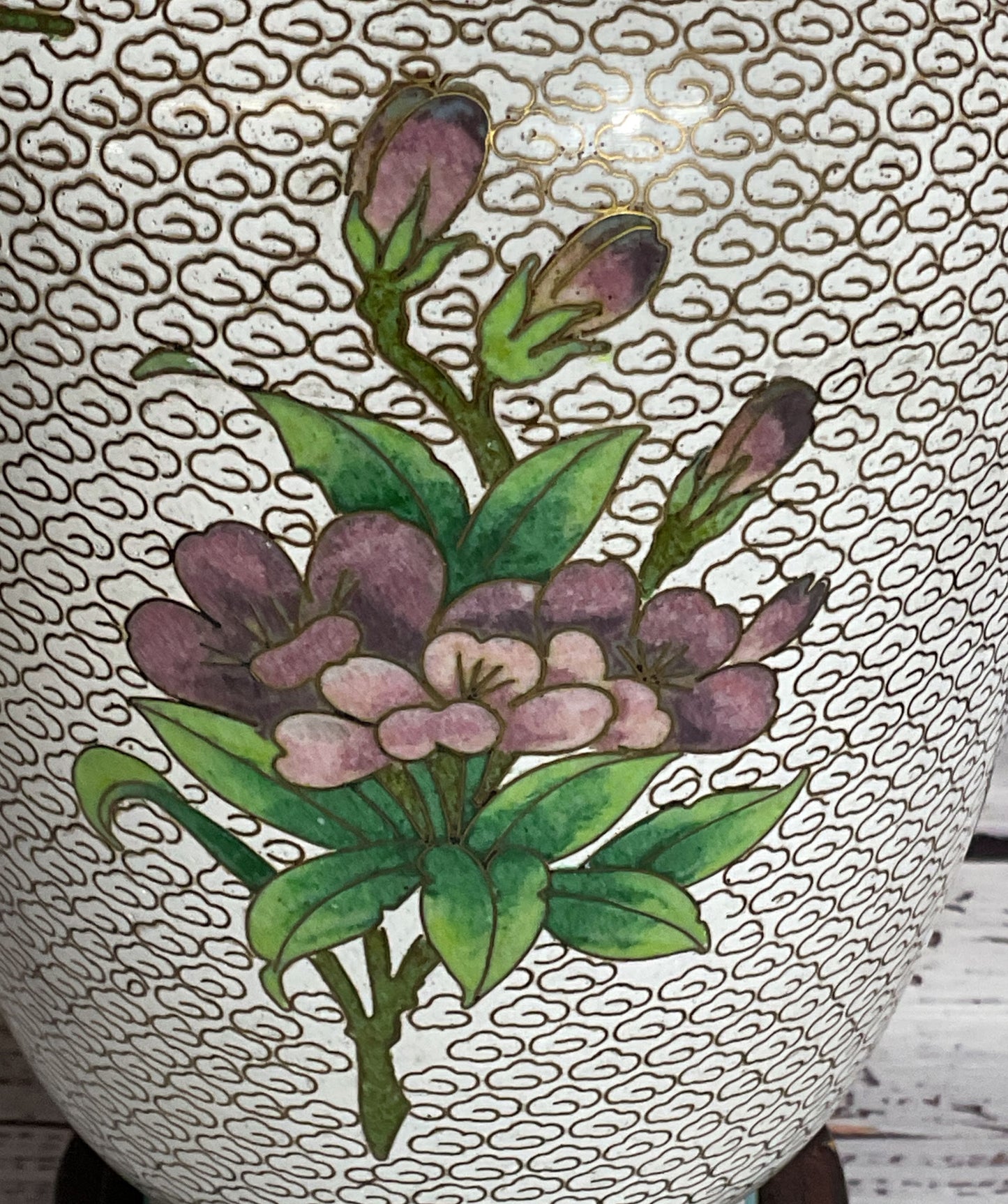 VTG. Chinese Floral Cloisonne Enamel Brass Vase with Wood Stand- 9.5"