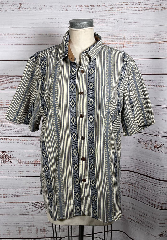 Frye Striped Ikat Button Down Short Sleeve Shirt Blue Multicolor XL