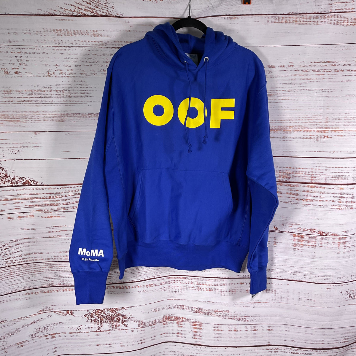 Champion MoMA Ed Ruscha OOF Blue Reverse Weave Hoodie Mens Jacket - Size L New