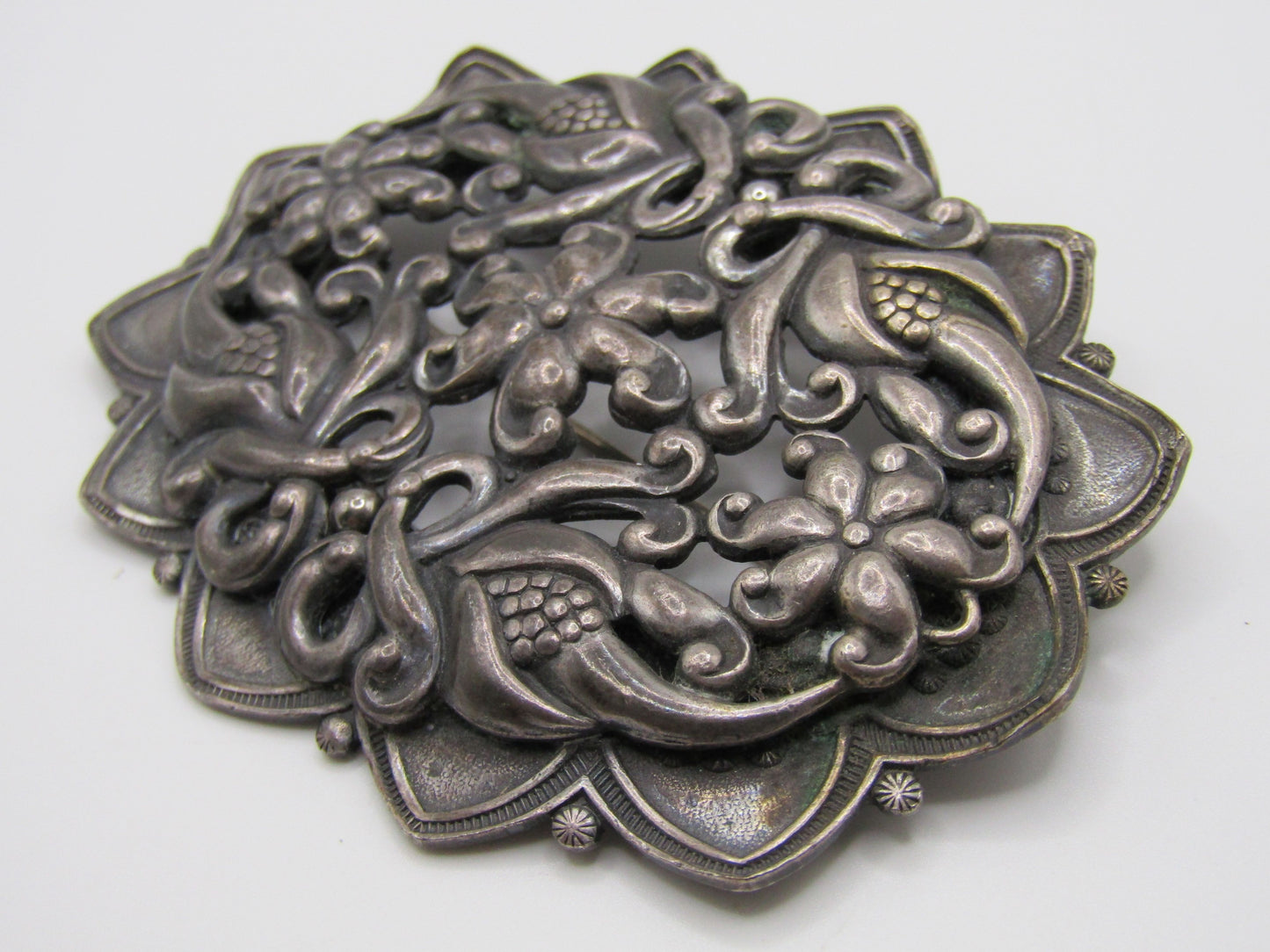 Vintage Silver Plated Floral Art Nouveau Style Brooch Pin