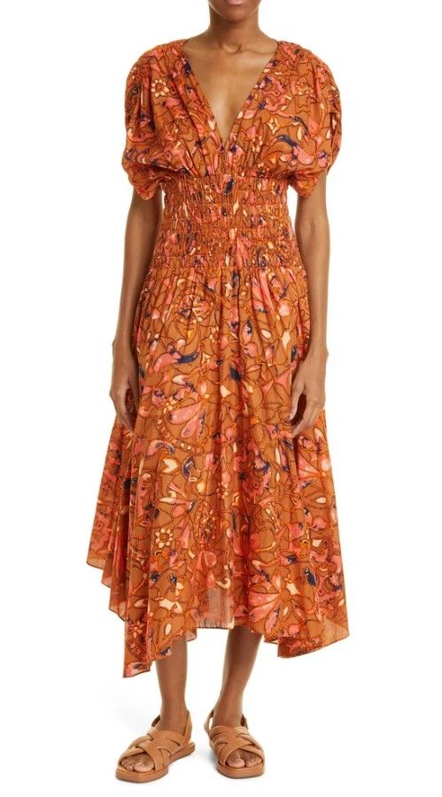 A.L.C Lucia Floral V Neck Smocked Waist A-Line Midi Dress Multicolor 0