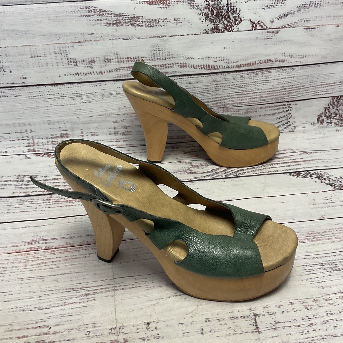 Colleen Cordero Green Leather Wooden Clog Platform Heel Women Size 7