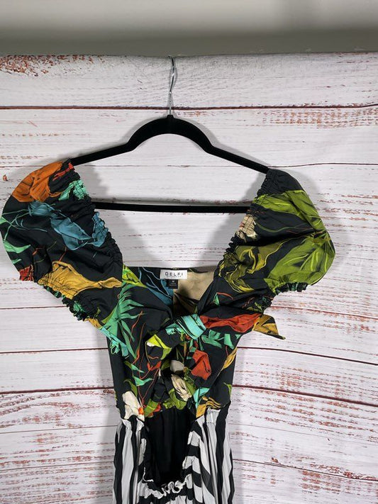 DELFI Collective Katy Dress Tropical Floral Cut Out Tie Front Pleated Size M