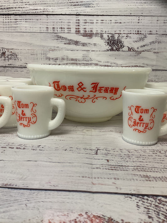 Mckee Tom & Jerry Milk Glass 12 Cups 1 Punch Eggnog Bowl 11" 12 Mugs