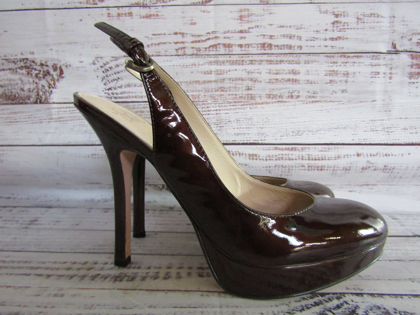 Joan & David Funn Women's Brown Patent Leather Slingback Heel Sandals Size 6.5