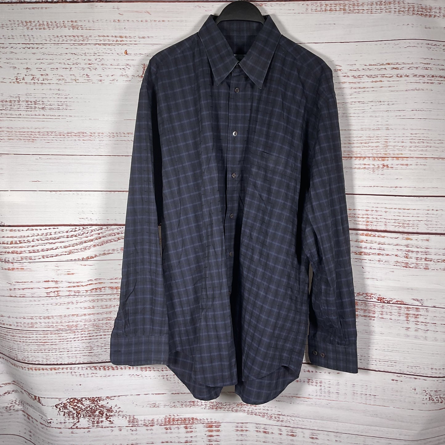 Brioni Neiman Markus Black Navy Blue Plaid Long Sleeve Button Up Dress Shirt L