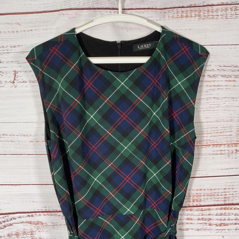Lauren Ralph Lauren Green Plaid Sleeveless Belted Midi Casual Dress - Size 10