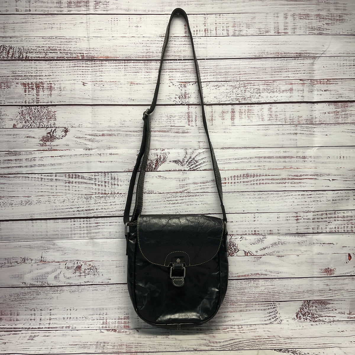 Jack Georges Black Leather Flap Crossbody Bag Purse 3"x8"x10"