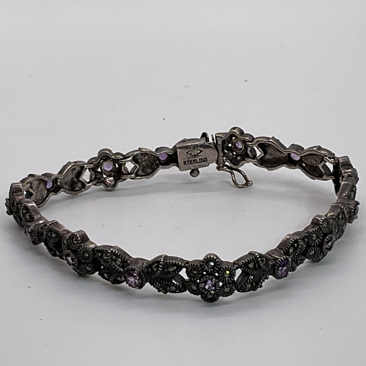 VTG. JUDITH JACK Sterling Silver Amethyst and Marcasite Link 8" Bracelet- 22.51g