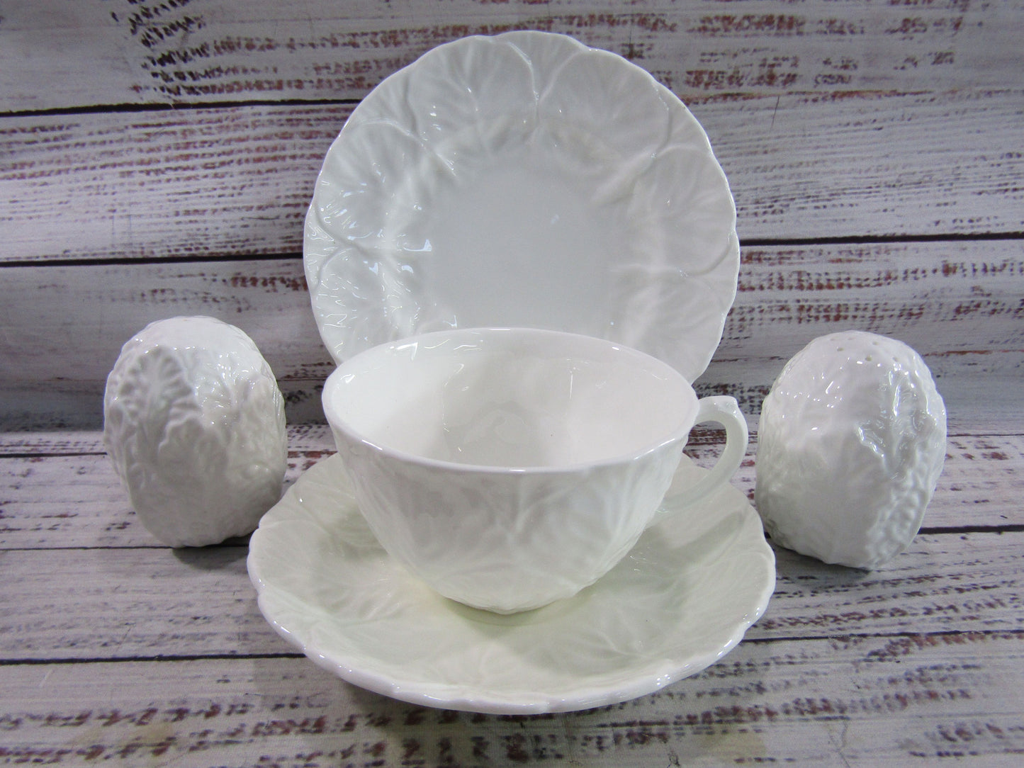 Coalport Countryware Cabbage Cup & Saucer, Dessert Plate, Salt & Pepper Shaker