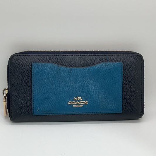 COACH Blue Colorblock Accordion Zip Crossgrain Leather Wallet