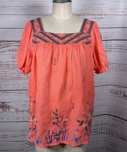 Johnny Was Aimee Puff Sleeve Floral Embroidered Top Orange S