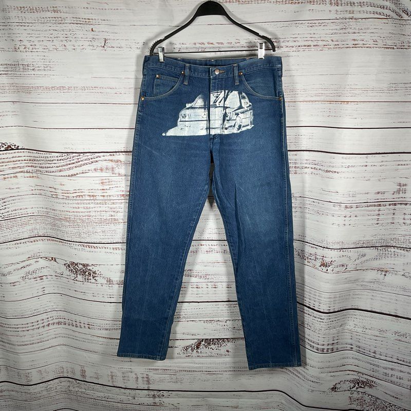 VTG Wrangler Custom Screenprint White Mercedes Car Graphic Jeans Men Size 36x34