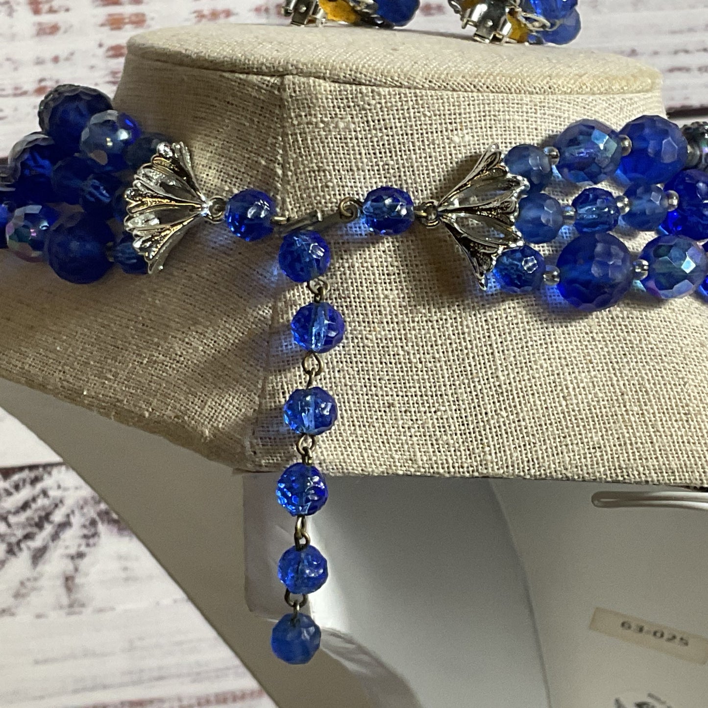 VTG. HENRY BOGOFF Blue Glass Beaded 3 Strand Necklace & Earring Set- 16"