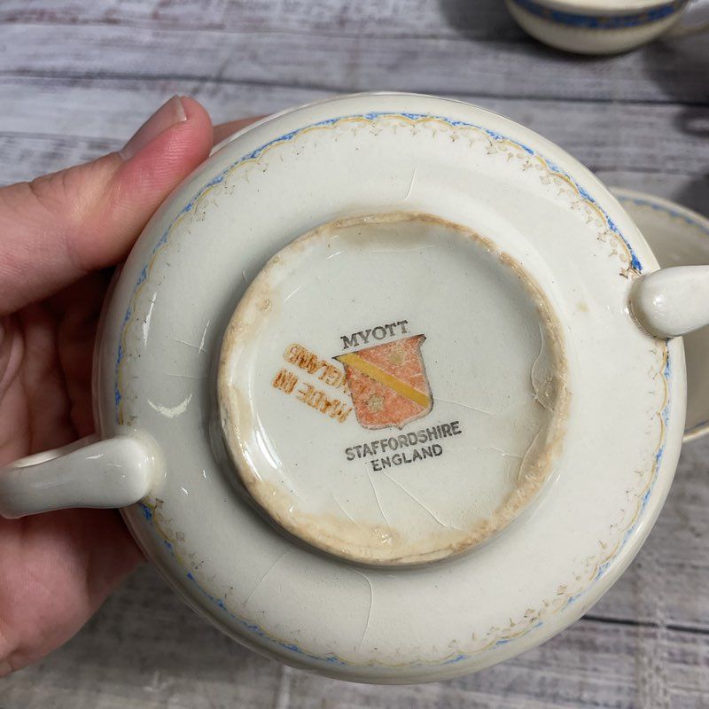 VTG. Myott Powder Blue 6 Pc. Staffordshire Porcelain 4" Double Handled Bowl Set