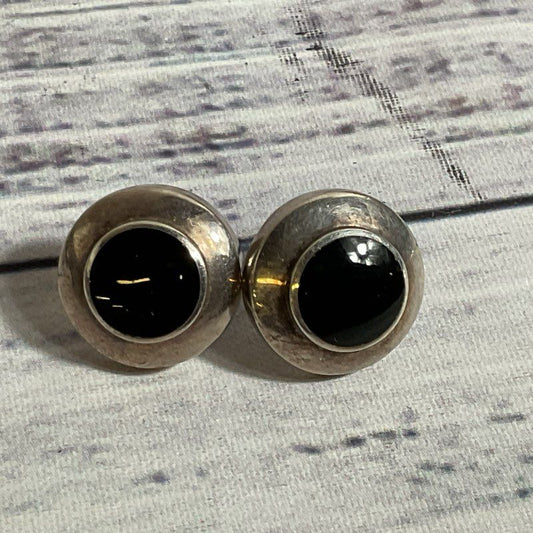 VTG. BOMA Sterling Silver & Onyx Round Stud 15mm Earrings- 7.40g