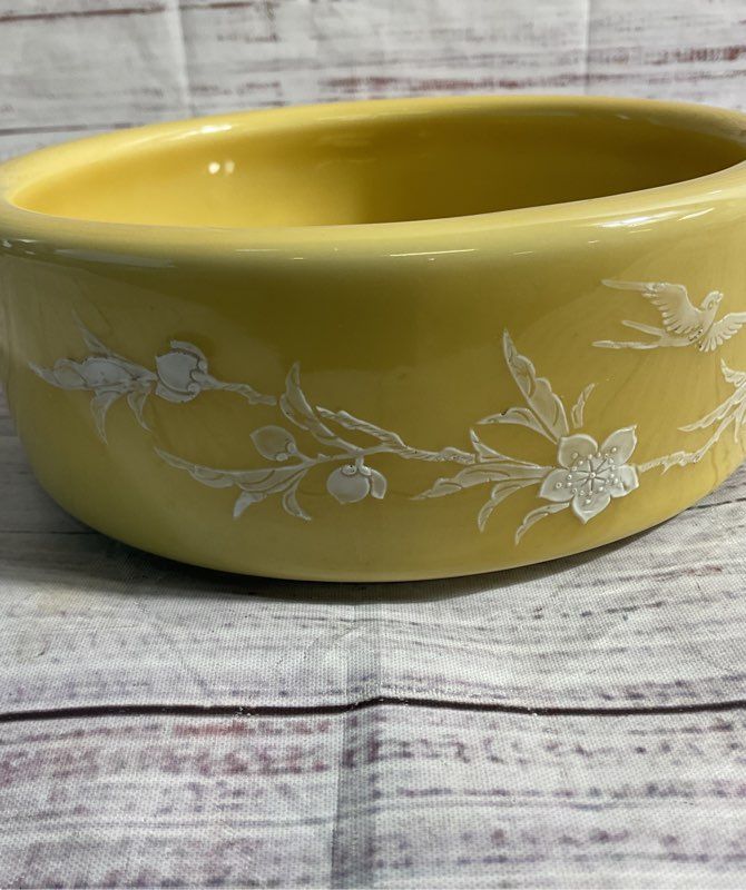 Vintage Yellow Enamel Bowl With White Hand Painted Bird Floral Art 6.5"