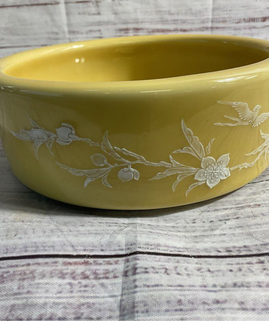 Vintage Yellow Enamel Bowl With White Hand Painted Bird Floral Art 6.5"
