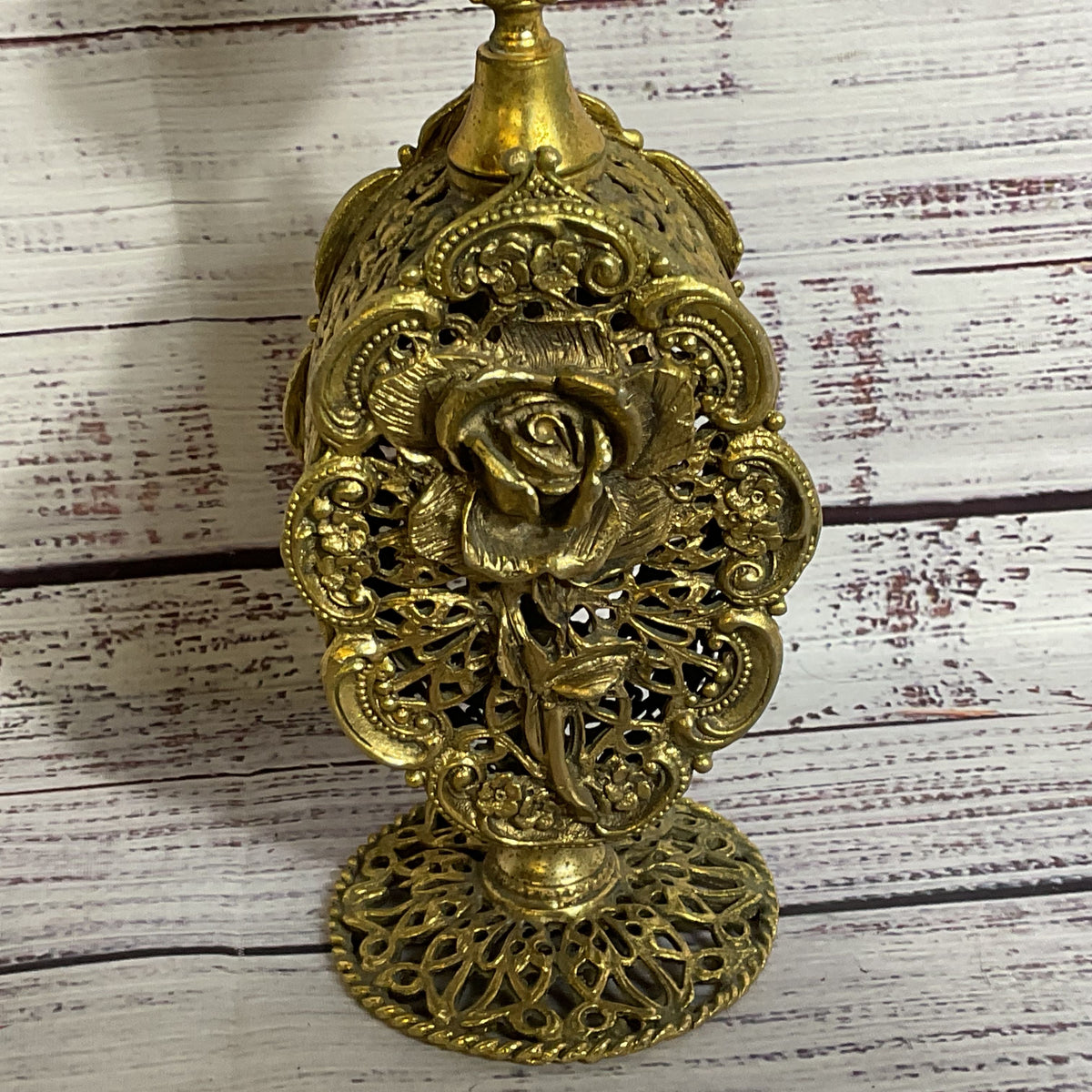 VTG./ANTIQUE Ormolu Ornate Filigree Rose Perfume Bottle- 9.5"