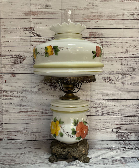 Vintage Milk Glass Floral Hurricane Table Lamp Multicolor