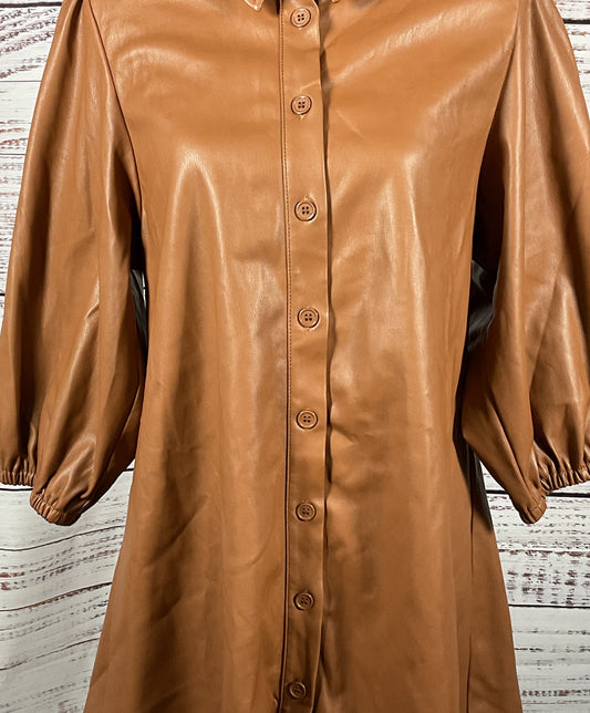 Dolce Cabo Faux Leather Dress Puff Sleeves Brown M