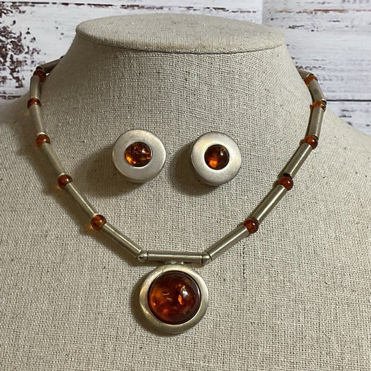 Sterling Silver Bar Beads & Cabochon Amber 16.5" Necklace and Earring Set- 48g