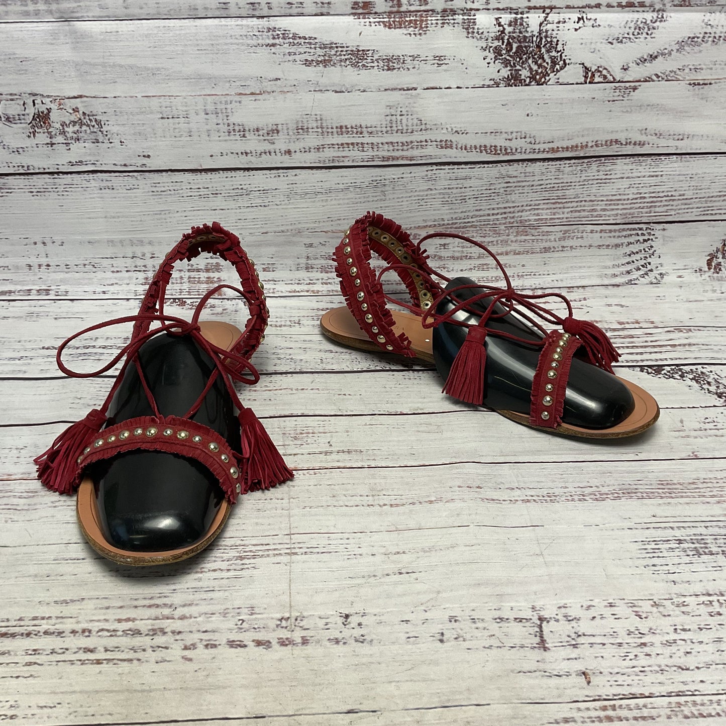 Aquazurra Careye Fringe Suede Red Cord Ankle Tie Sandal Women Size 9