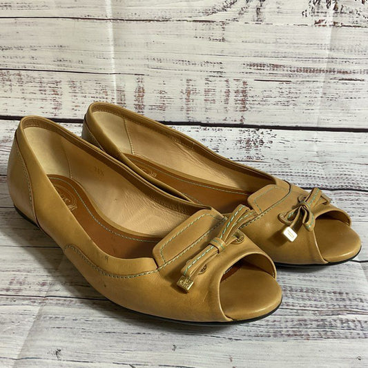 TOD'S Women's Tan Peep Toe Bow Flat Shoes-SZ 36.5