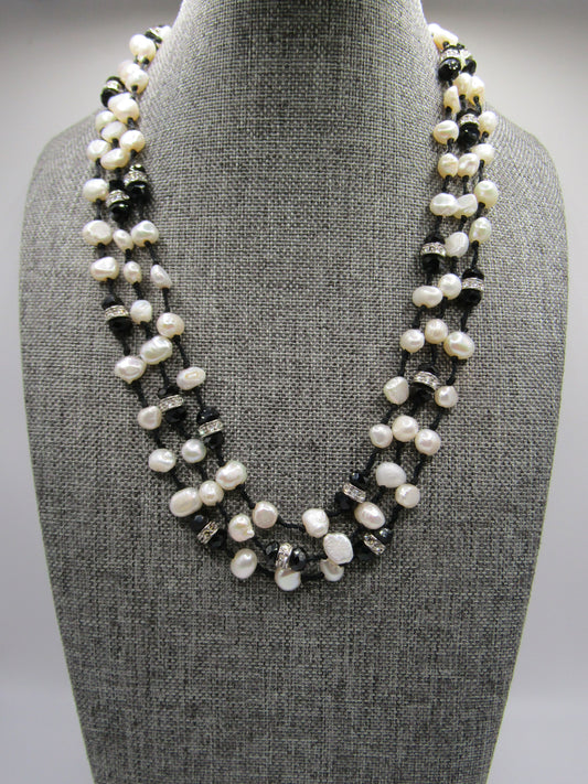 16 1/4" Multi Strand Freshwater Baroque Pearl Onyx Rhinestone Necklace