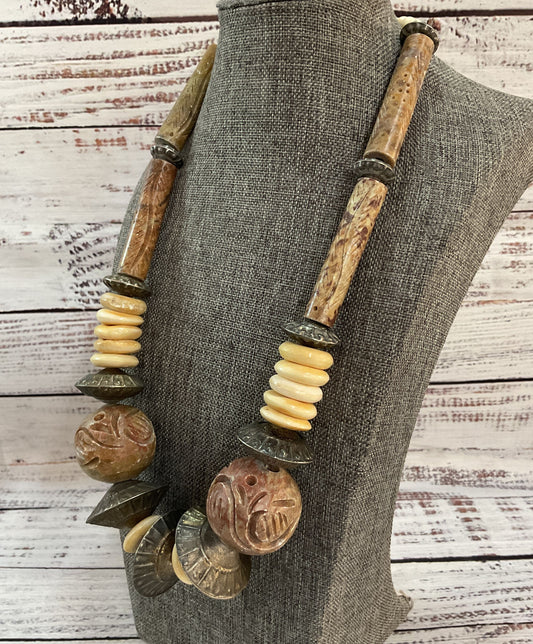 Vintage Tribal Hand Carved Soapstone Silver Plated Disc Necklace