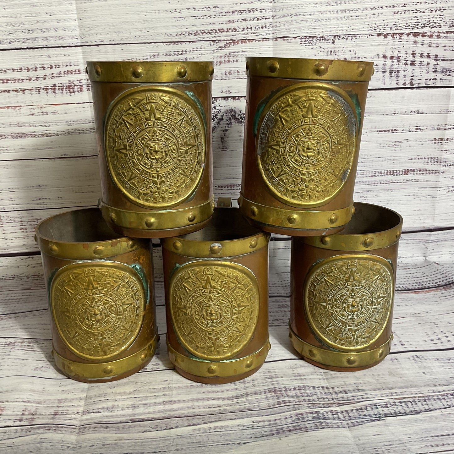 VTG. Mexican Copper & Brass Aztec Mayan Calendar Mugs- Set of 5