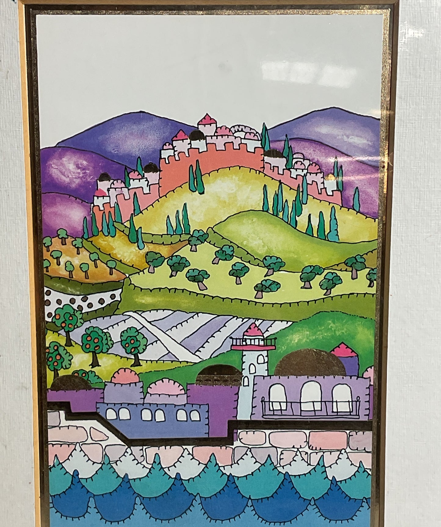 Cityscape of Jerusalem Drawing with Gold Leaf Signed Print