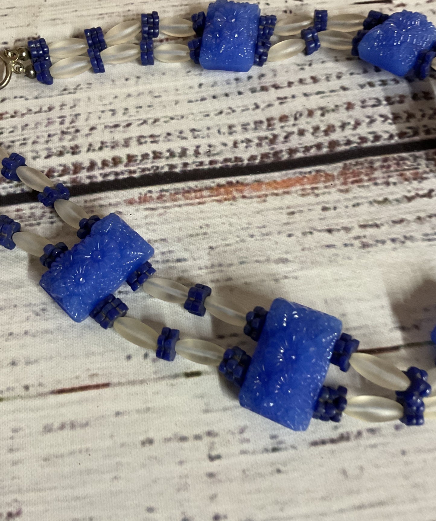 Carved Blue Glass Beaded Necklace Silver Clasp