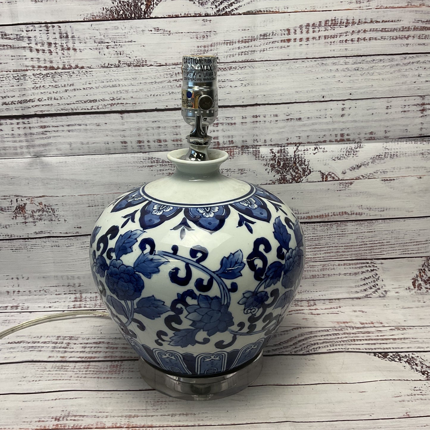 Chinoiserie Blue White Vase Style Lamp Clear Glass Base Working 13"
